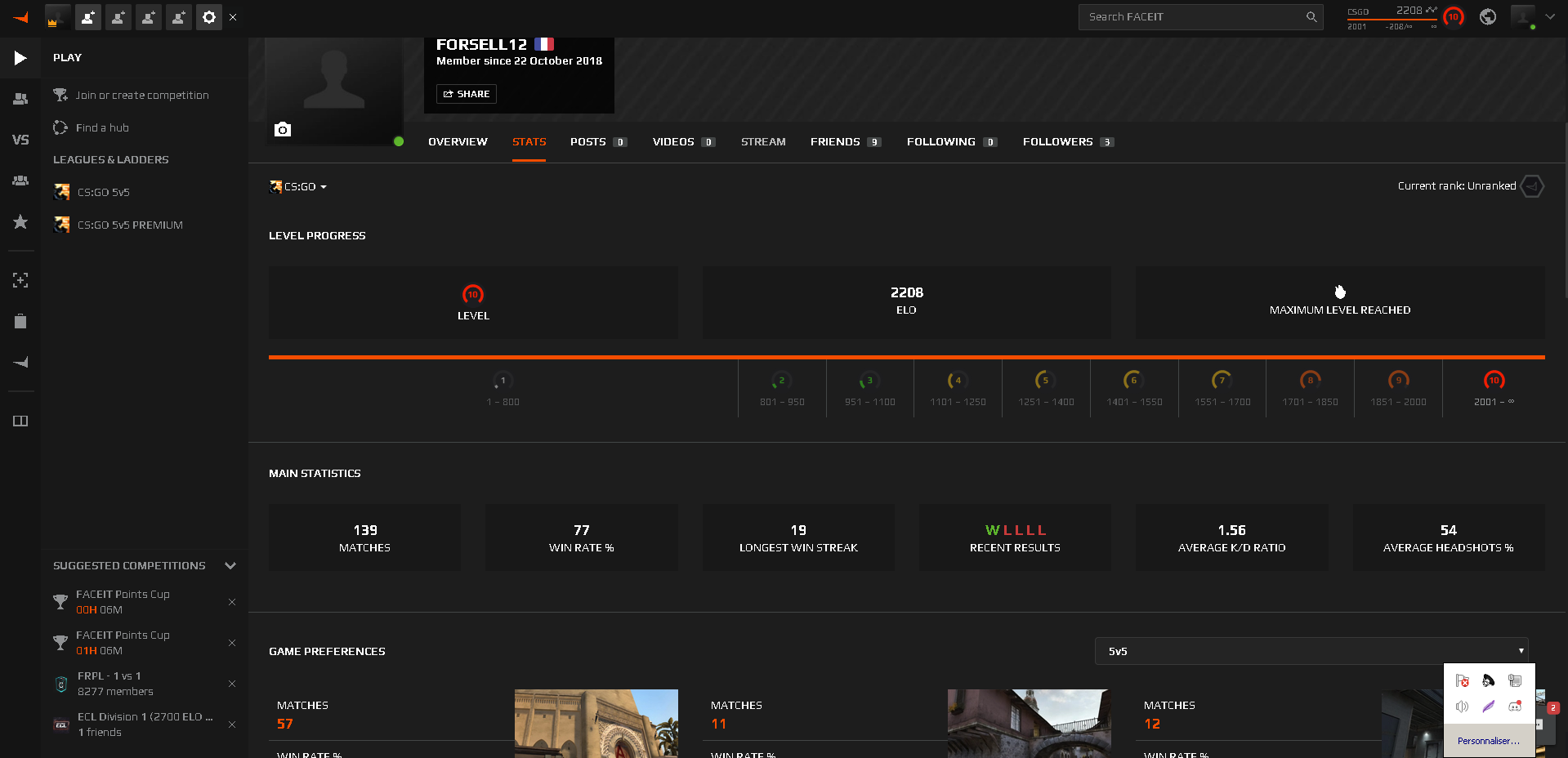 Account Faceit Level 8 (1,720 Elo, 1.5 K/D, 60% Winrate)